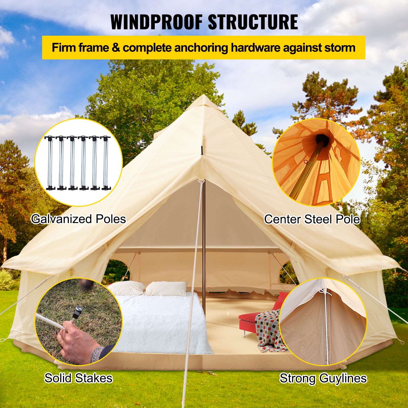 VEVOR Canvas Tent 4 Seasons Breathable 100 Cotton Canvas Yurt
